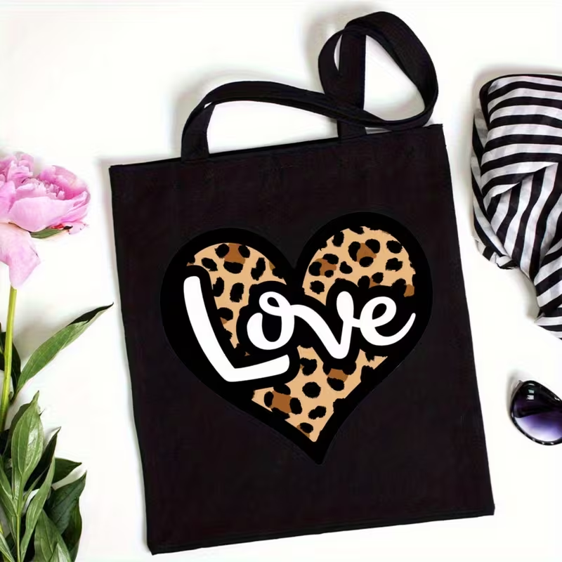 Shopper Tote Canvas - Leopar Baskı Kalp Aşk Mektubu Kanvas