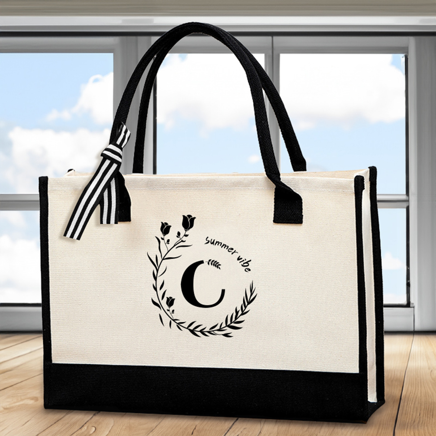 Shopper Tote Canvas - Deri harf baskılı tote çanta, büyük