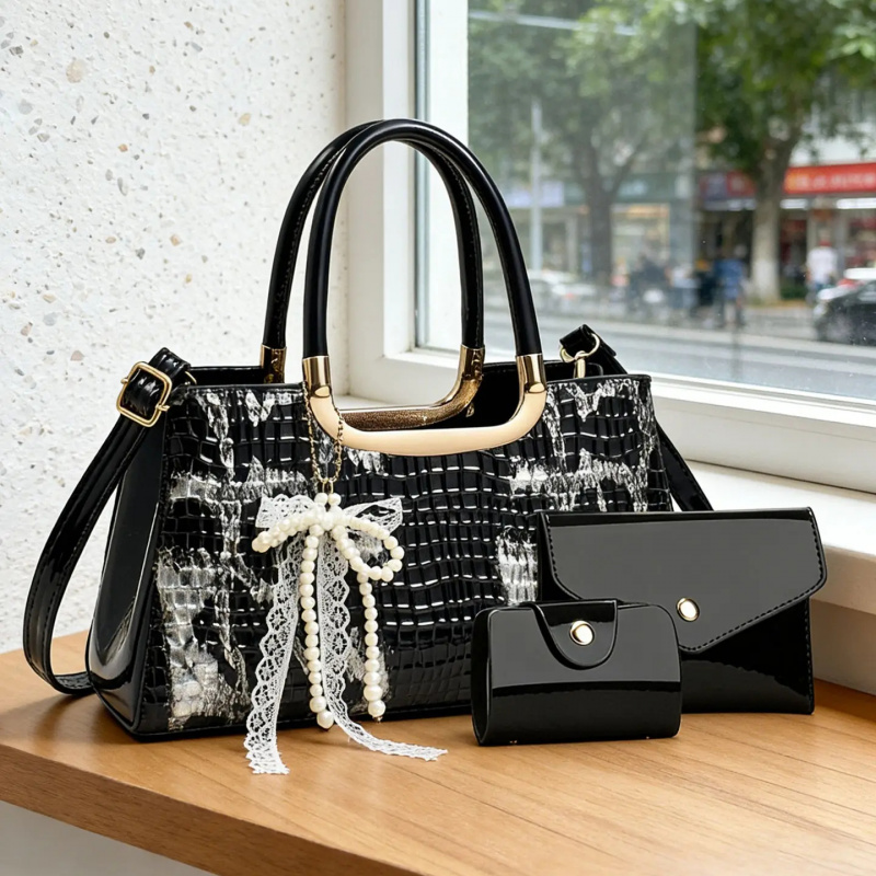 Women Bags Leather - Kadın Çanta Seti, Timsah Desenli Gece