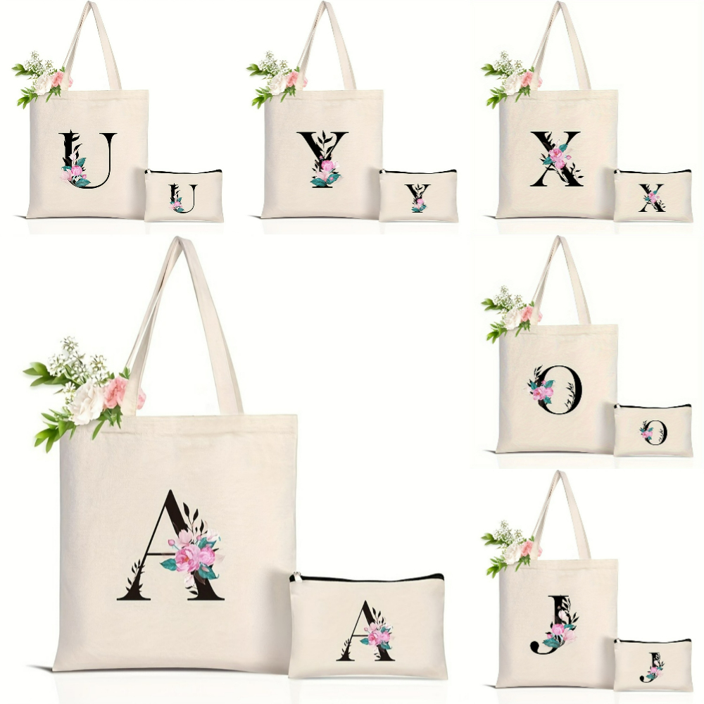 Shopper Tote Canvas - Zarif Çiçek Alfabe Tote Çanta Yeniden